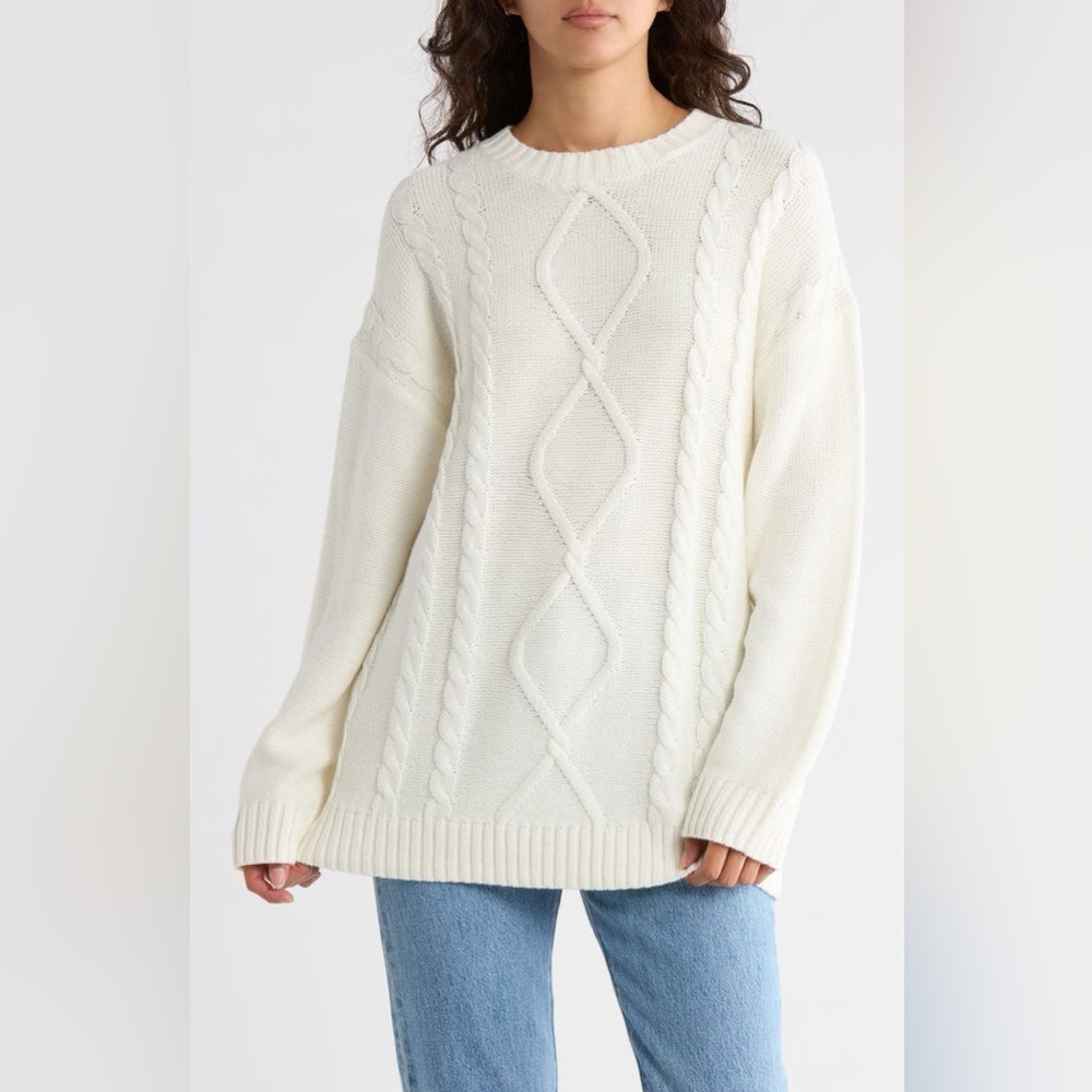 Abound Oversized Cable Knit Sweater Ivory Crewneck Size Small‎